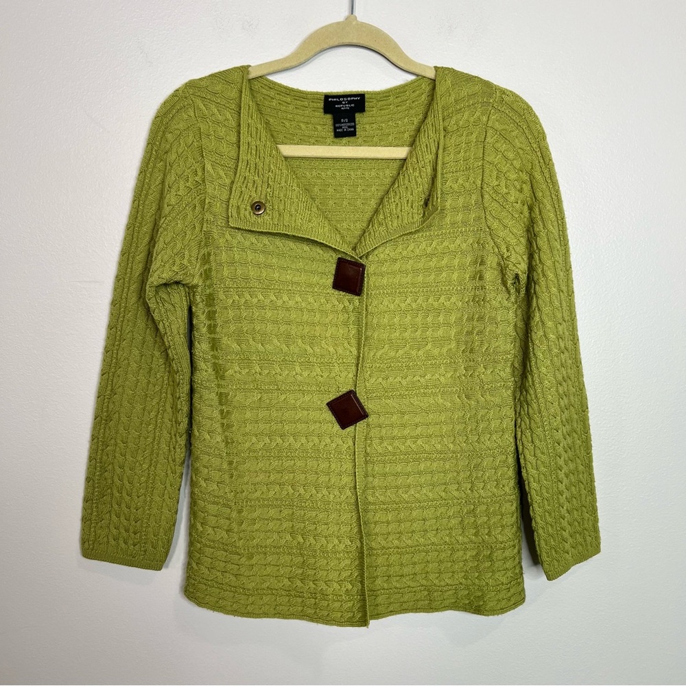 PHILOSOPHY REPUBLIC Lime Green 100% Wool Cardigan Sweater size Small Petite - Picture 3 of 15